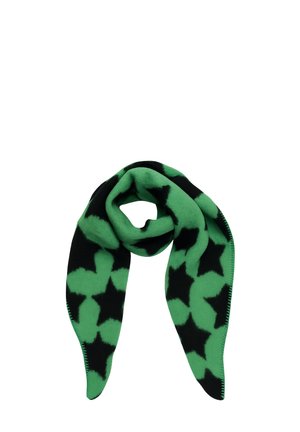 Green scarf with large black star patterns, folded with one end looped through the other against a white background.