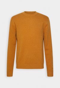 Maglione a maniche lunghe da uomo con collo a girocollo in tessuto a maglia arancione bruciato, con collare, polsini e orlo a coste, esposto su uno sfondo bianco.