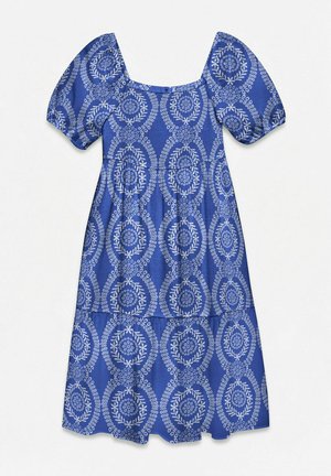 Blauwe midi-jurk met pofmouwen, een vierkante halslijn en witte, ronde bloemmotieven over de hele stof.