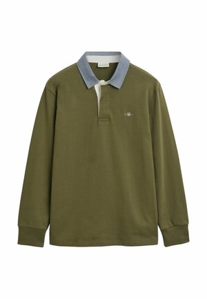 Olive green long-sleeve polo shirt with a light blue chambray collar. Features a placket with three buttons and a small embroidered logo.