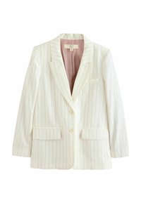 Blazer en lin blanc avec des rayures verticales gris clair, un bouton, revers crantés, deux poches avant et une doublure en satin rose.