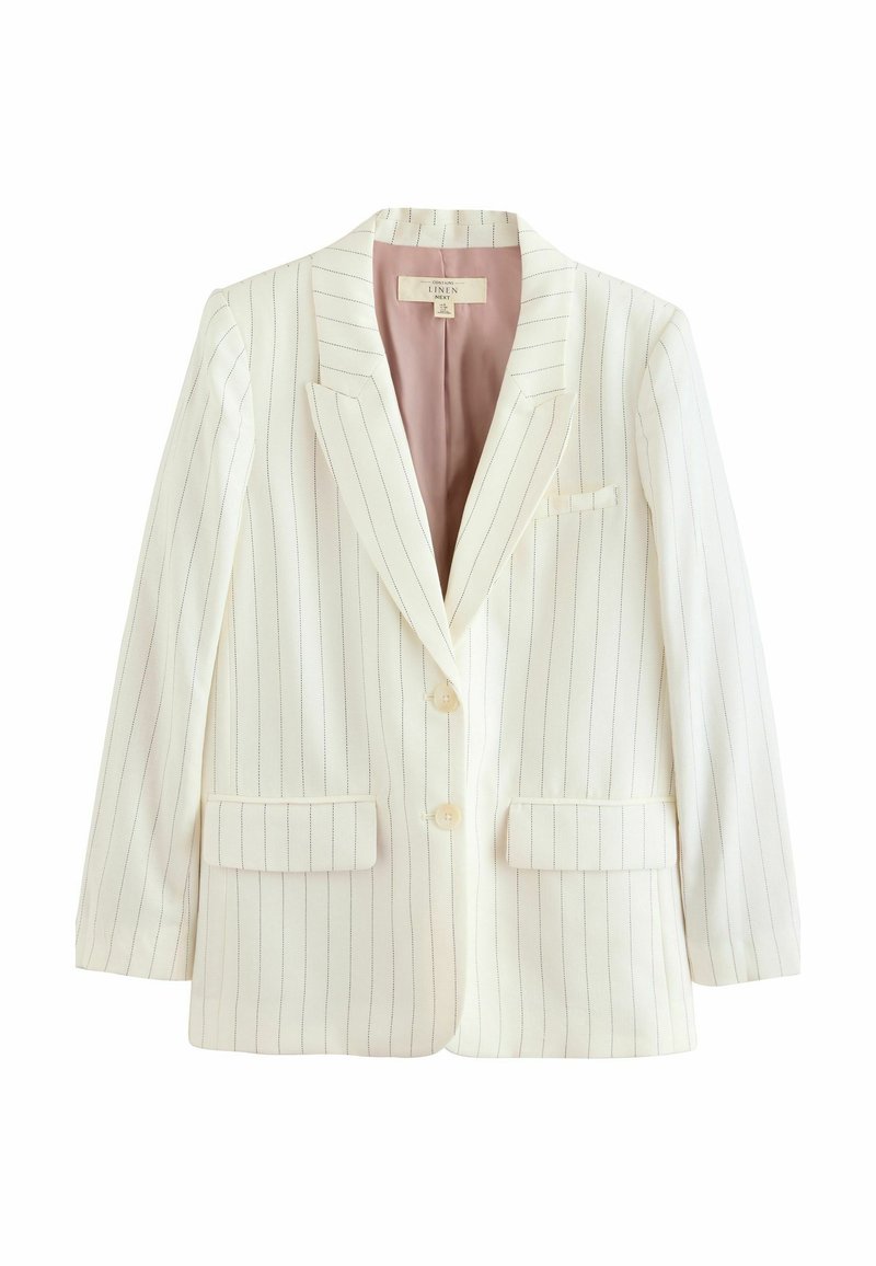 Blazer en lin blanc avec des rayures verticales gris clair, un bouton, revers crantés, deux poches avant et une doublure en satin rose.