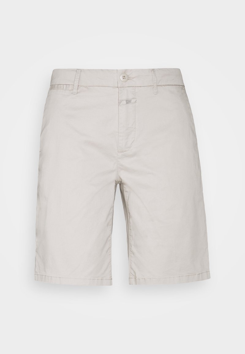 Shorts beige en coton, avec une fermeture à bouton, une poche avant unique et un ourlet cousu. Coupe droite, longueur mi-cuisse.