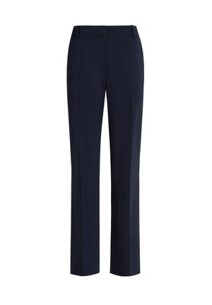 Marineblauwe op maat gemaakte broek met een rechte pijp, platte voorkant en zonder zichtbare patronen. Gemaakt van een soepele stof met een gepolijste afwerking.