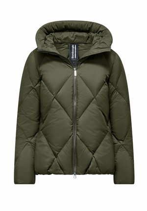 Olijfgroene pufferjack met capuchon, voorzien van een diamanten gestikt patroon, een rits aan de voorkant en elastische manchetten voor warmte en comfort.