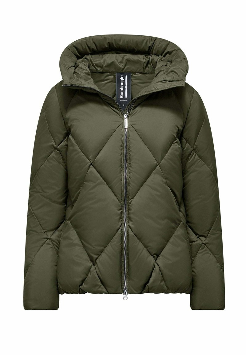 Olijfgroene pufferjack met capuchon, voorzien van een diamanten gestikt patroon, een rits aan de voorkant en elastische manchetten voor warmte en comfort.