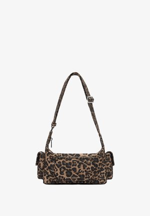 Borsa a spalla in tessuto leopardato nei toni del marrone e del nero, con una lunga tracolla, chiusura con zip superiore e tasca frontale con logo discreto.