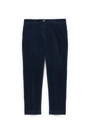 Pantalones de pana azul marino con diseño de pierna recta, con cierre de botón en la parte delantera y puños enrollados, destacando un tejido suave y texturizado.