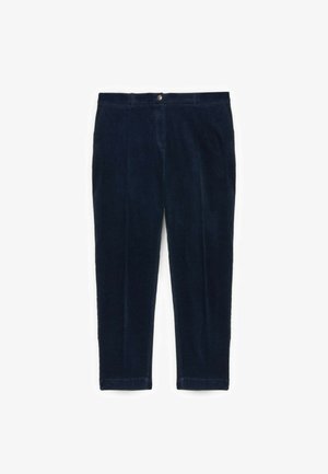 Navy corduroy pants with a straight leg design, featuring a front button closure and rolled cuffs, highlighting soft, textured fabric.