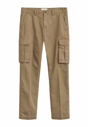 Beige cargobroeken met twee grote zijzakken, ritssluiting en ceintuurlussen. Gemaakt van een katoenmix met een rechte pasvorm en een effen textuur.