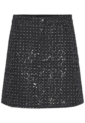 Μαύρη φούστα με δομημένο σχέδιο, σε ύφασμα με υφή διακοσμημένο με μεταλλικές πούλιες που δημιουργούν ένα λαμπερό εφέ.