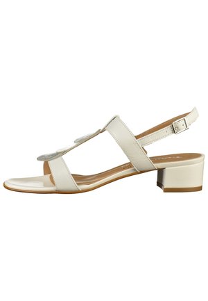 Valkoiset nahkasandaalit, joissa on avonainen varvas, kaksi etuolkainta, säädettävä nilkkaremmitys ja matala lohkokorko. Ominaisuuksina sileä pinta ja elegantti muotoilu.