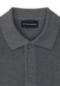 Polo grigio con tessuto a maglia testurizzata, tre bottoni scuri e colletto classico. L'etichetta indica "PAKO LORENTE," taglia M.