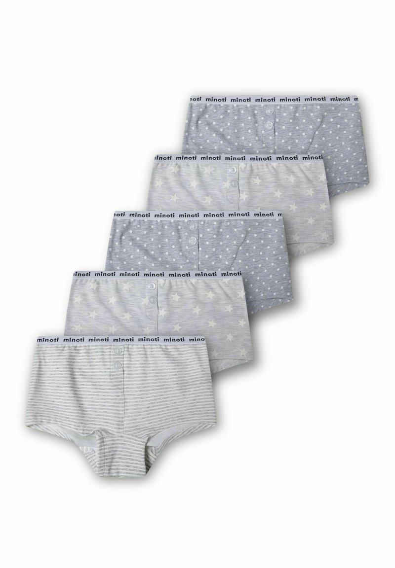 Set di quattro mutandine per bambini in tonalità grigie, con motivi a stelle e a pois, fasce elastiche con il marchio "minoti", dettagli con bottoni.
