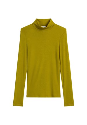 Langarm-Turtleneck-Oberteil in Olivgrün, aus glattem Stoff mit einer taillierten Passform und subtiler Glanz. Mit hohem Kragen.