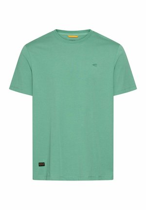 Effen groene korte mouw katoenen T-shirt met ronde hals en klein zwart merklabel dichtbij de zoom, op een witte achtergrond.