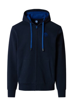 Sweat à capuche zippé bleu marine avec poches avant, cordons de serrage bleus ajustables et petit logo circulaire sur la poitrine gauche.