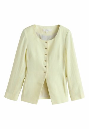 Gai dzeltena linu sieviešu jaka ar garām piedurknēm, apaļu izgriezumu, sešām dekoratīvām pogām priekšpusē un nelielu priekškrekli.