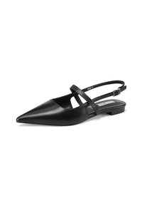 Scarpa slingback nera con punta a punta realizzata in pelle liscia, caratterizzata da un design con ritagli e una cinturino testurizzato glitter con fibbia regolabile.