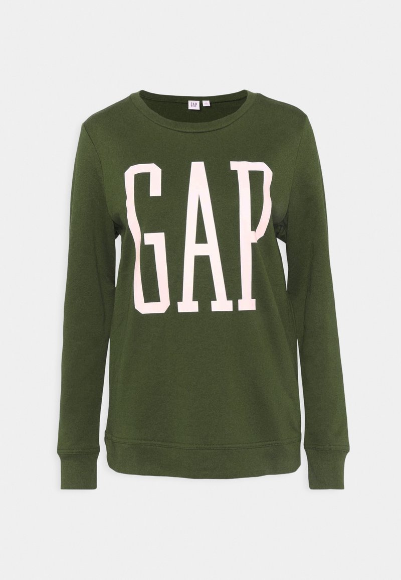 Zielona bluza z bawełny, z długimi rękawami i okrągłym dekoltem. Duże logo "GAP" w jasnoróżowym kolorze na przodzie.