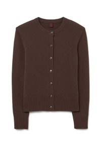Bruine gebreide cardigan met een ronde hals, knopenlijst aan de voorkant, ribgebreide manchetten en zoom, en een gladde textuur.