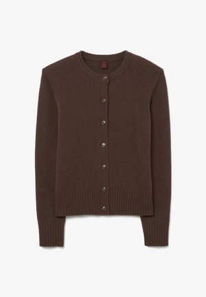 Brown knit cardigan featuring a round neckline, button-down front, ribbed cuffs and hem, and smooth texture.