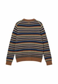 Garais piedurkņu adījuma džemperis ar ģeometrisku rakstu brūnā, zilā, zaļā un krēma krāsā. Ribota apkakle un apakšmala; apaļa kakla dizains.