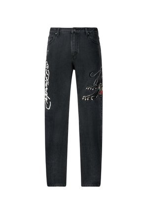 Sorte denimjeans med broderede design af en panter og tekst på benene. Lige snit med en klassisk talje og fem lommer.