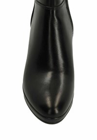 Black leather ankle boot featuring a smooth, shiny finish, rounded toe, and a low stack heel with minimal stitching details.
