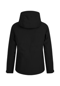 Zwarte hoodie met lange mouwen, verstelbare polsbanden en een iets gebogen zoom, weergegeven vanuit de achterkant op een witte achtergrond.