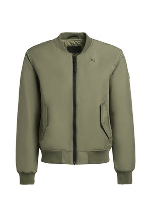 Olive green bomber jacket with front zipper, two side pockets, ribbed cuffs and hem, and subtle logo accent on the chest. Smooth exterior texture.