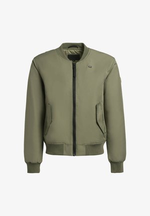Olive green bomber jacket with front zipper, two side pockets, ribbed cuffs and hem, and subtle logo accent on the chest. Smooth exterior texture.