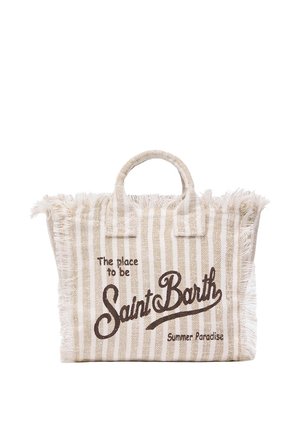 Borsa a righe beige e bianche con bordi sfrangiati e testo marrone con la scritta "The place to be Saint Barth Summer Paradise."