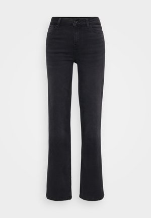 Zwarte spijkerbroek van denim met een rechte pijp, voorzien van een knoopsluiting aan de voorkant, vijf zakken en subtiele stikseldetails.