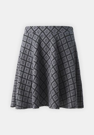 Gray patterned skirt with a flared design, featuring a diamond pattern and textured fabric. Includes a solid waistband.