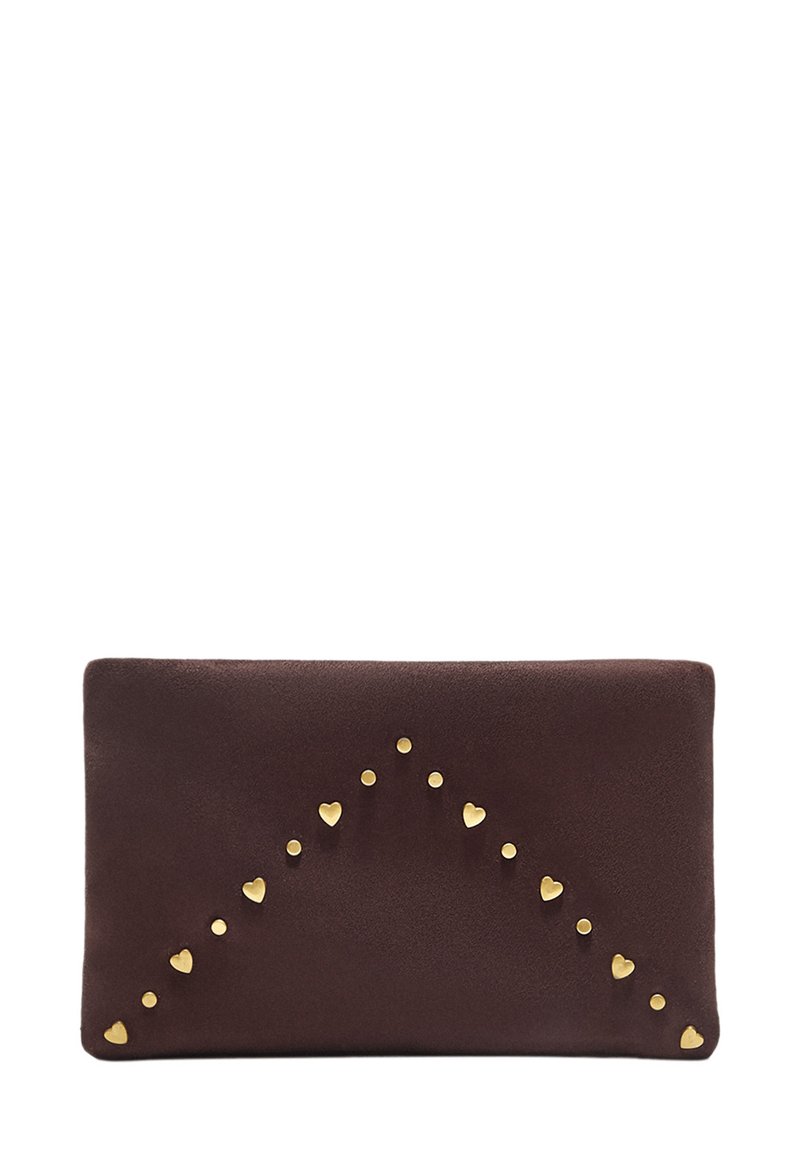 Brown suede clutch with a rectangular shape, featuring gold heart-shaped studs in a triangular pattern along the front. Smooth texture.