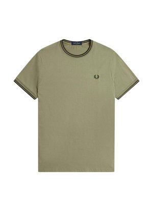 Olijfgroene T-shirt met korte mouwen en een zwarte dubbele streep op de kraag en mouwen, met een klein zwart geborduurd lauwerkranslogo op de borst.