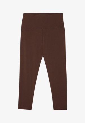 Leggings marroni a vita media realizzati in un tessuto elasticizzato con una texture liscia. Presentano cuciture minime e un design aderente.