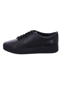 Black leather sneaker featuring a rounded toe, lace-up design, and a flat rubber sole. Smooth texture with minimal detailing.