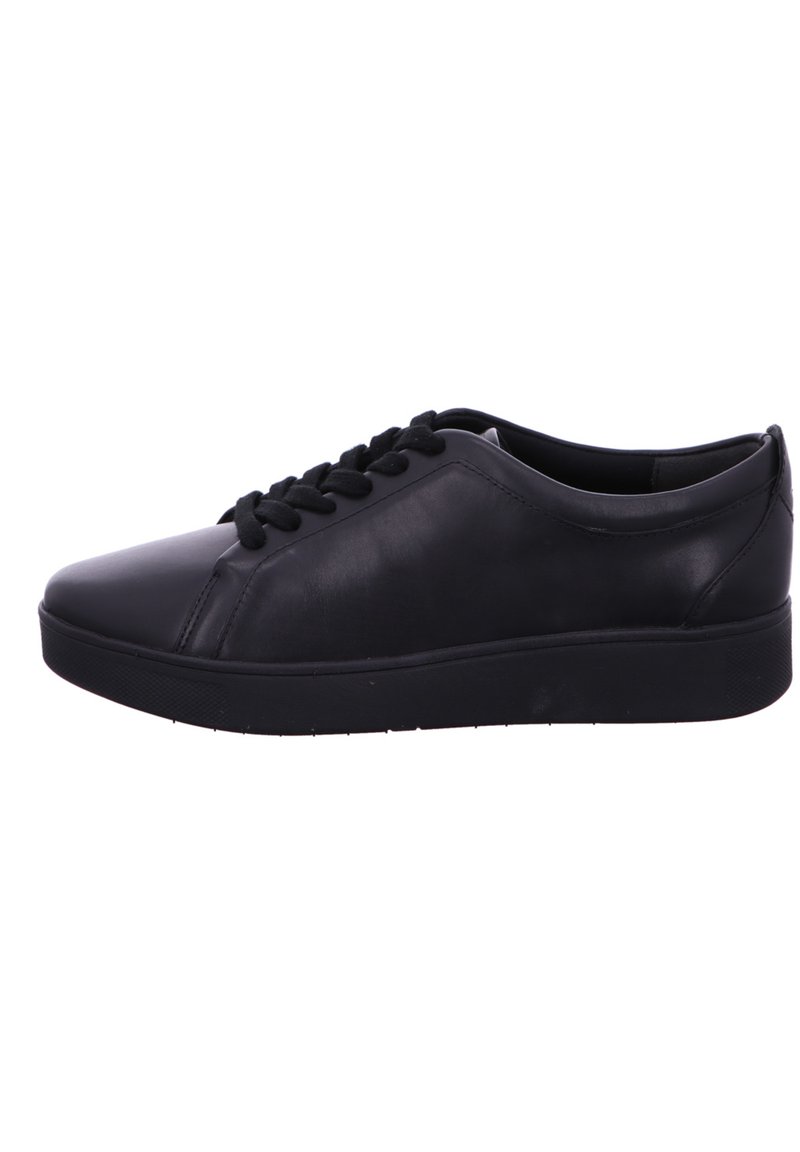 Black leather sneaker featuring a rounded toe, lace-up design, and a flat rubber sole. Smooth texture with minimal detailing.