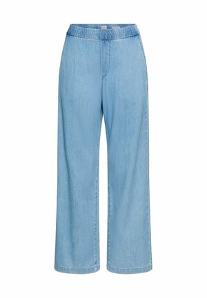 Lyseblå vidde denim bukser med elastik i taljen og uden synlige knapper eller lommer, vist på en hvid baggrund.