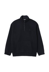 Pullover in pile nero con zip a 1/4, colletto alto e tasca a marsupio frontale. Presenta un piccolo logo sul lato sinistro del petto.
