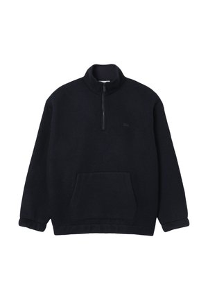 Zwarte fleece pullover met een kwart-rits, hoge kraag en een voorpaneel met een kangaroo-pocket. Bevat een klein logo op de linkerborst.