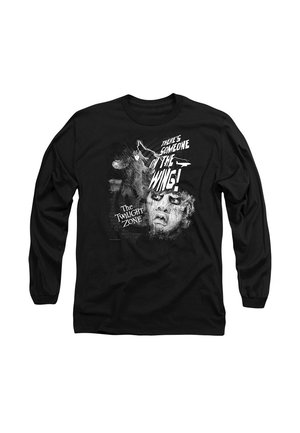 Black long-sleeve shirt featuring a graphic print with a vintage design, including text and images from “The Twilight Zone” series.