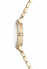 Goldfarbene Armbanduhr mit einem mit Juwelen besetzten Ziffernblatt, glattem rundem Ziffernblatt und einem verlinkten Armband mit polierter Oberfläche.