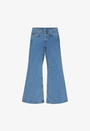 Blue high-waist denim jeans with wide flared legs, front button and zipper, and five-pocket design laid flat on white background.