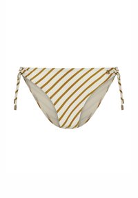 Culotte bikini a righe in crema e marrone, dotata di lacci laterali regolabili. Texture liscia con un design classico a vita bassa.