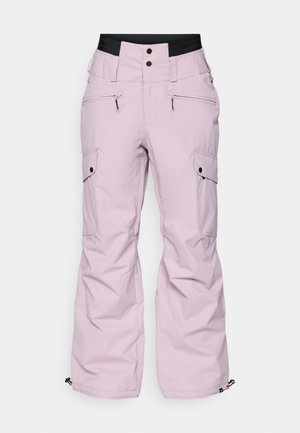 Roosa lume püksid, mille lõige on lahtine ja mis on varustatud mitme tasku, lai vöökoht, lukuga detailid ning elastsed mansetid pahkluude juures.