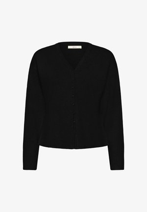 Cardigan negru cu decolteu în V, fabricat dintr-un material tricotat moale. Are mâneci lungi și un sistem de închidere cu șase nasturi.