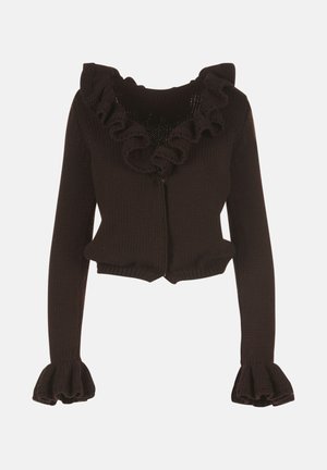 Brązowy krótki kardigan z falbaniastym dekoltem i rękawami, tkany teksturą, zapinany na zamek, z rozkloszowanymi mankietami.